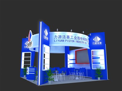 36平米展台设计制作：三面开口/现代/木质结构/蓝色，为建材展展商而作（免费使用）