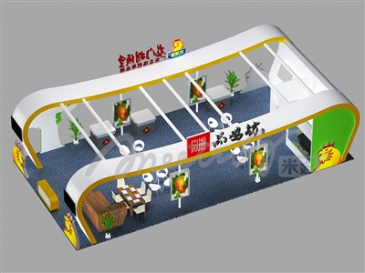 162平米展台设计制作：三面开口/现代/木质结构/黄色，为食品展展商而作（免费使用）