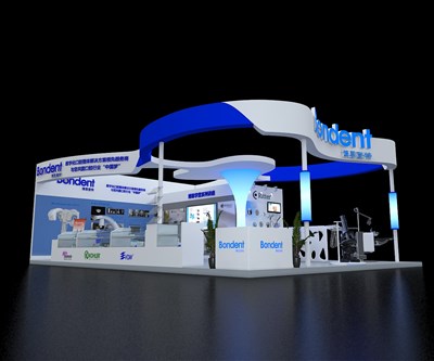 108平米展台设计制作：三面开口/现代/木质结构/蓝色，为医药展展商而作（免费使用）