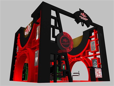 36平米展台设计制作：三面开口/中式/木质结构/红色，为食品展展商而作（免费使用）