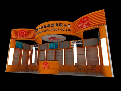 27平米展台设计制作：一面开口/现代/木质结构/橙色，为食品展展商而作（免费使用）