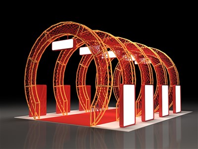 20平米展台设计制作：四面开口/前卫/桁架结构/红色，为综合展展商而作（免费使用）