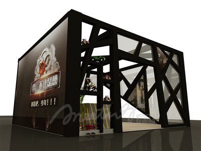 36平米展台设计制作：三面开口/现代/木质结构/黑色，为成就招商展展商而作（免费使用）