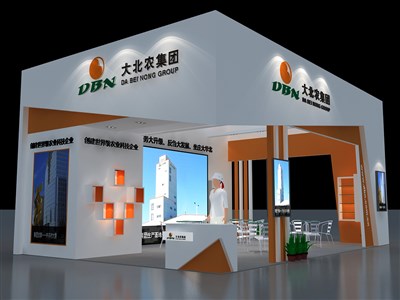 54平米展台设计制作：三面开口/现代/木质结构/橙色，为农交会展商而作（免费使用）